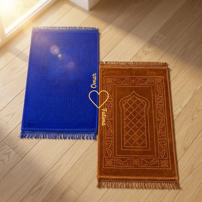 Personalized Blue and Golden Velvet Couple Prayer Mat Set with Gold Calligraphy and Rectangle Design