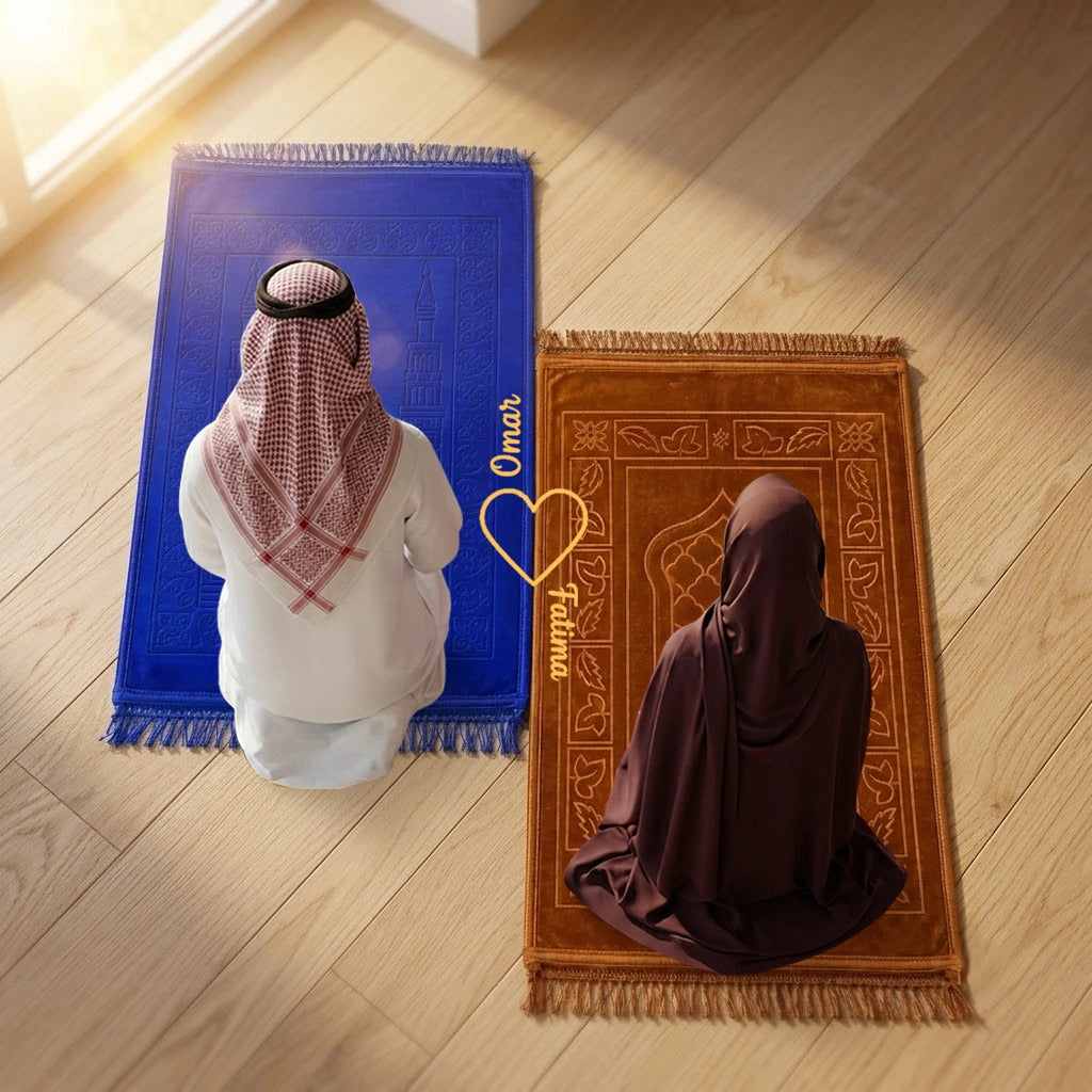 Personalized Blue and Golden Velvet Couple Prayer Mat Set with Gold Calligraphy and Rectangle Design