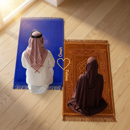 Personalized Blue and Golden Velvet Couple Prayer Mat Set with Gold Calligraphy and Rectangle Design