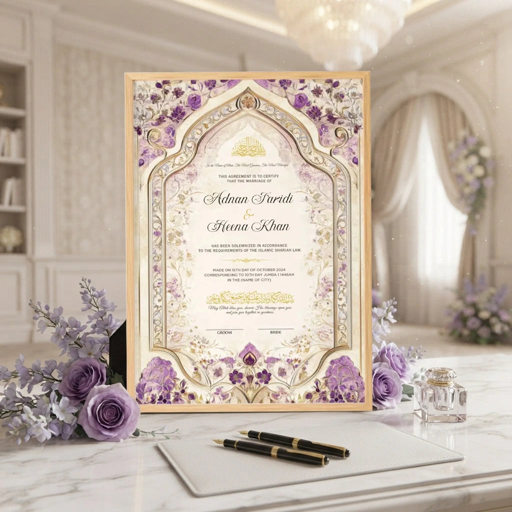 Purple Legacy personalized Islamic Nikah Nama frame with royal purple floral archways, gold filigree scrollwork, and Arabic calligraphy.