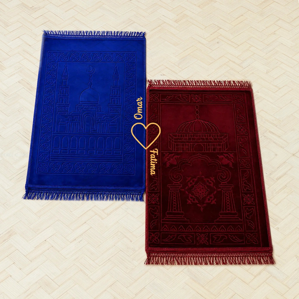 Personalized Blue and Maroon Velvet Couple Prayer Mat Set with Gold Calligraphy and Rectangle Design