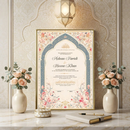 Blooming Bond personalized Islamic Nikah Nama frame with slate blue arch design, pink rose flowers, and gold calligraphy.
