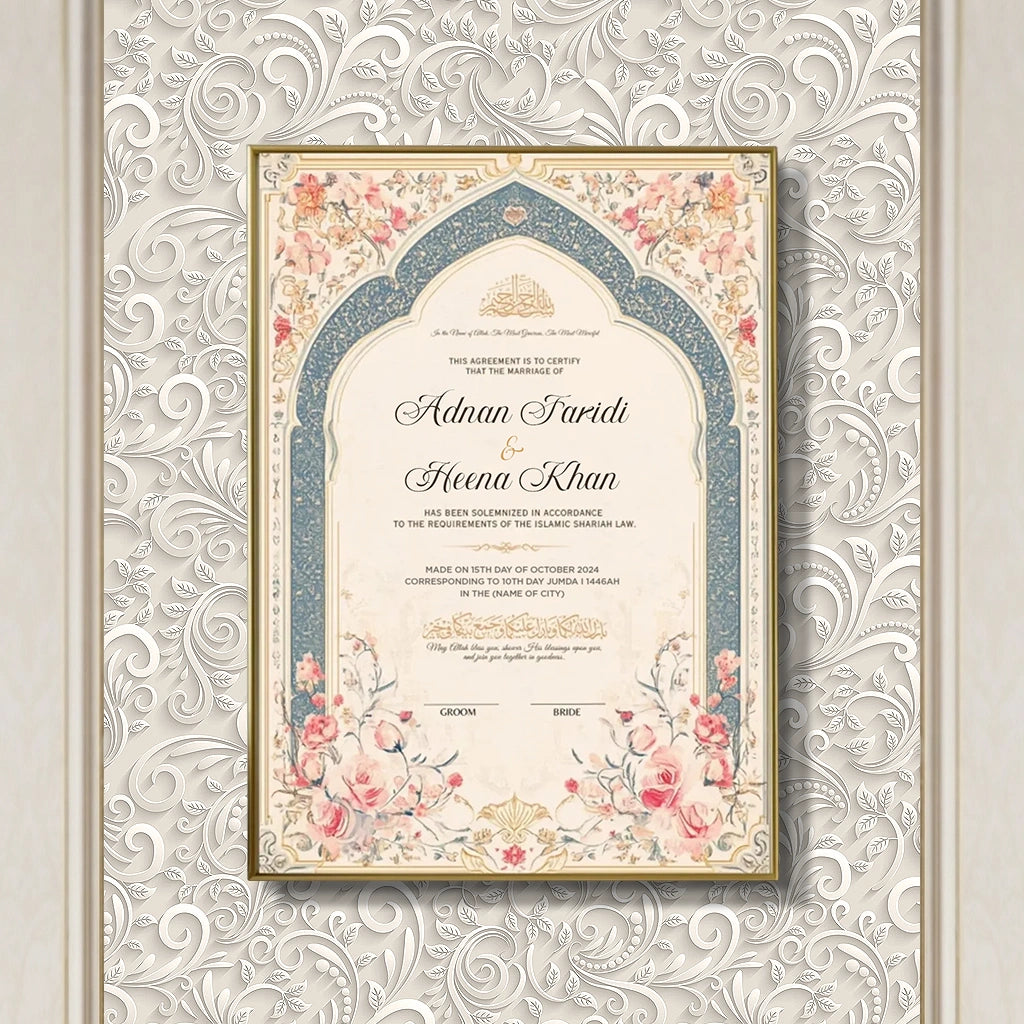 Blooming Bond personalized Islamic Nikah Nama frame with slate blue arch design, pink rose flowers, and gold calligraphy.