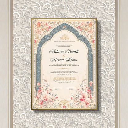 Blooming Bond personalized Islamic Nikah Nama frame with slate blue arch design, pink rose flowers, and gold calligraphy.