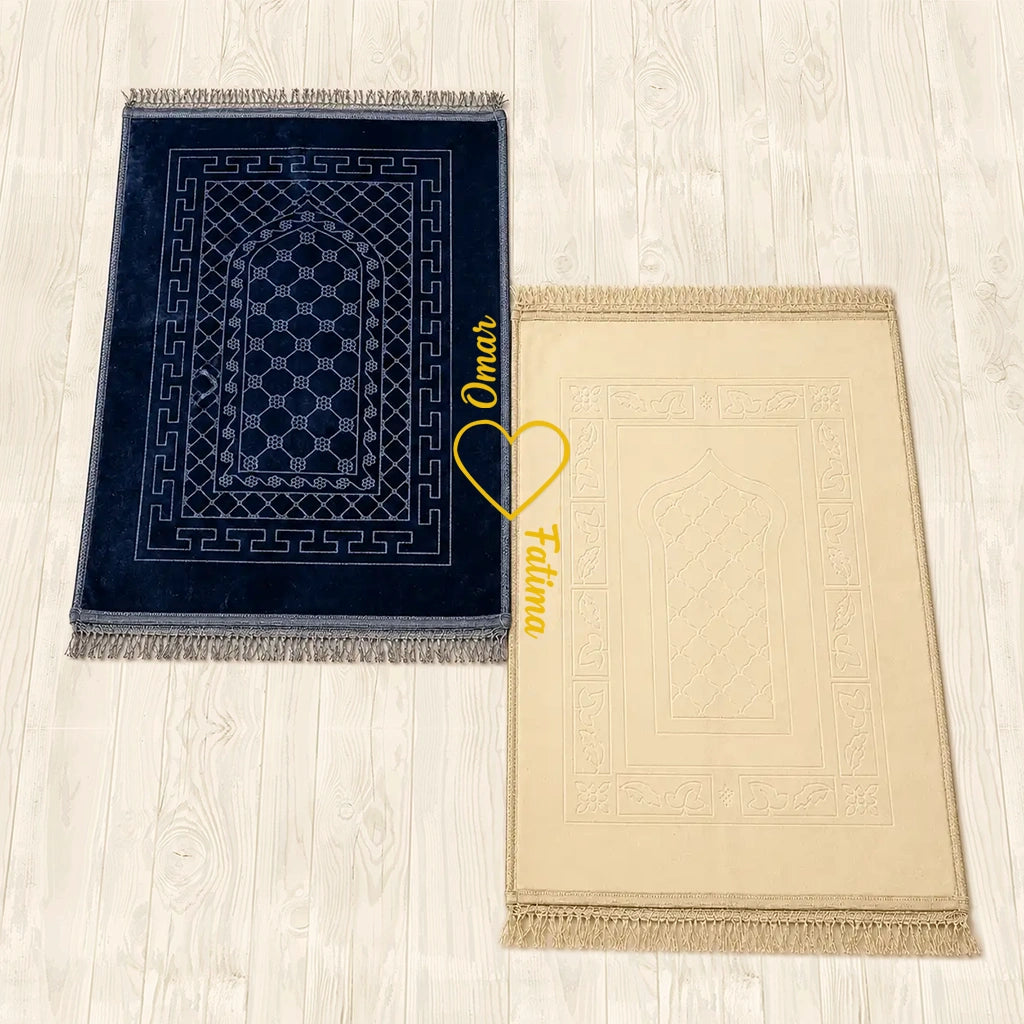 Personalized Grey and Champagne Gold Velvet Couple Prayer Mat Set with Gold Calligraphy