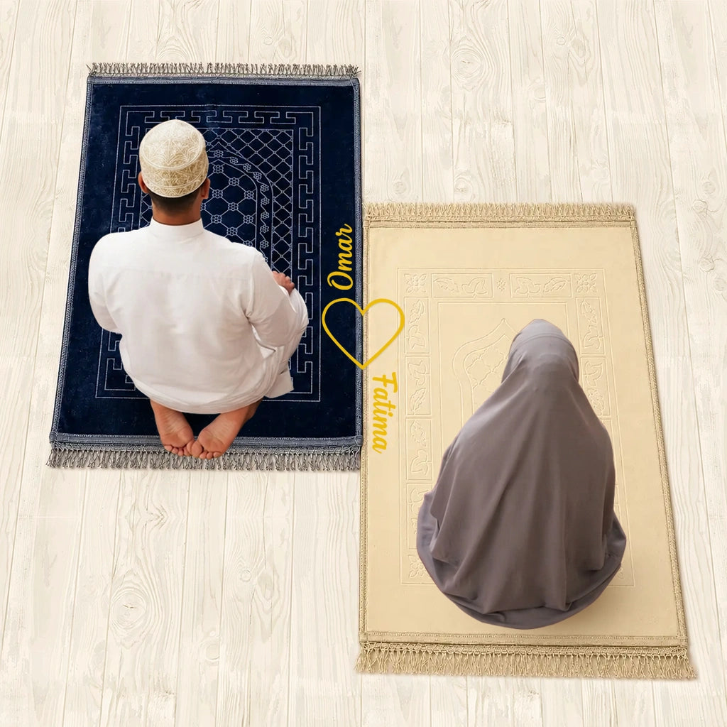 Personalized Grey and Champagne Gold Velvet Couple Prayer Mat Set with Gold Calligraphy