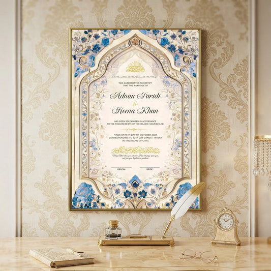 Eternal Petals personalized Islamic Nikah Nama frame with cobalt blue floral archways, gold filigree scrollwork, and Arabic calligraphy.