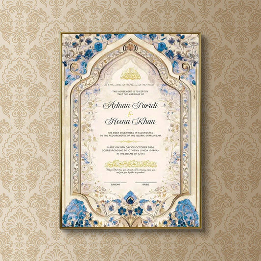 Eternal Petals personalized Islamic Nikah Nama frame with cobalt blue floral archways, gold filigree scrollwork, and Arabic calligraphy.