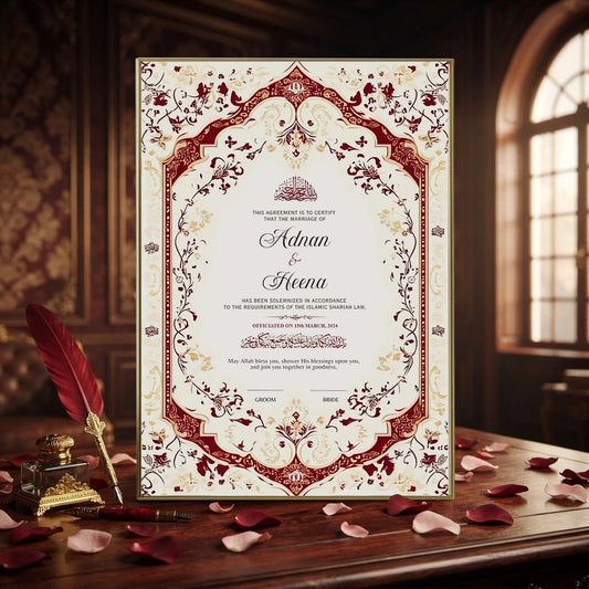 Regal Bloom personalized Islamic Nikah Nama frame with deep crimson red archways, gold filigree scrollwork, and Arabic calligraphy.