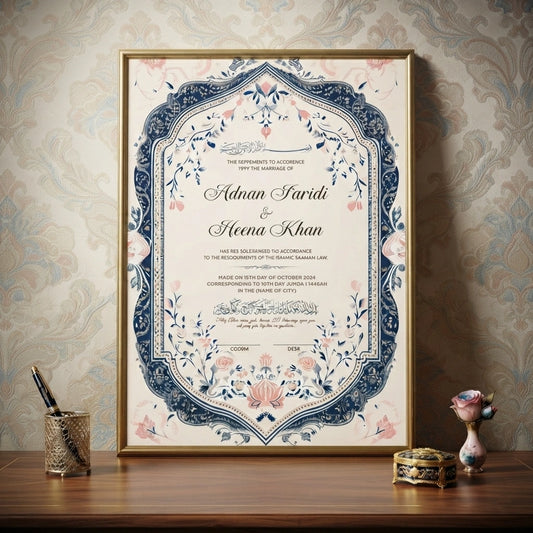 Whispering Flowers personalized Islamic Nikah Nama frame with navy blue arch design, blush pink flowers, and elegant Arabic calligraphy.