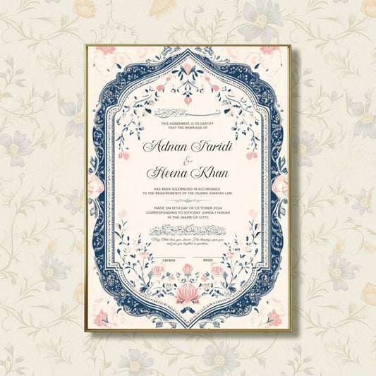 Whispering Flowers personalized Islamic Nikah Nama frame with navy blue arch design, blush pink flowers, and elegant Arabic calligraphy.