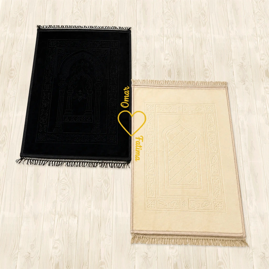 Personalized Black and Champagne Gold Velvet Couple Prayer Mat Set with Gold Calligraphy