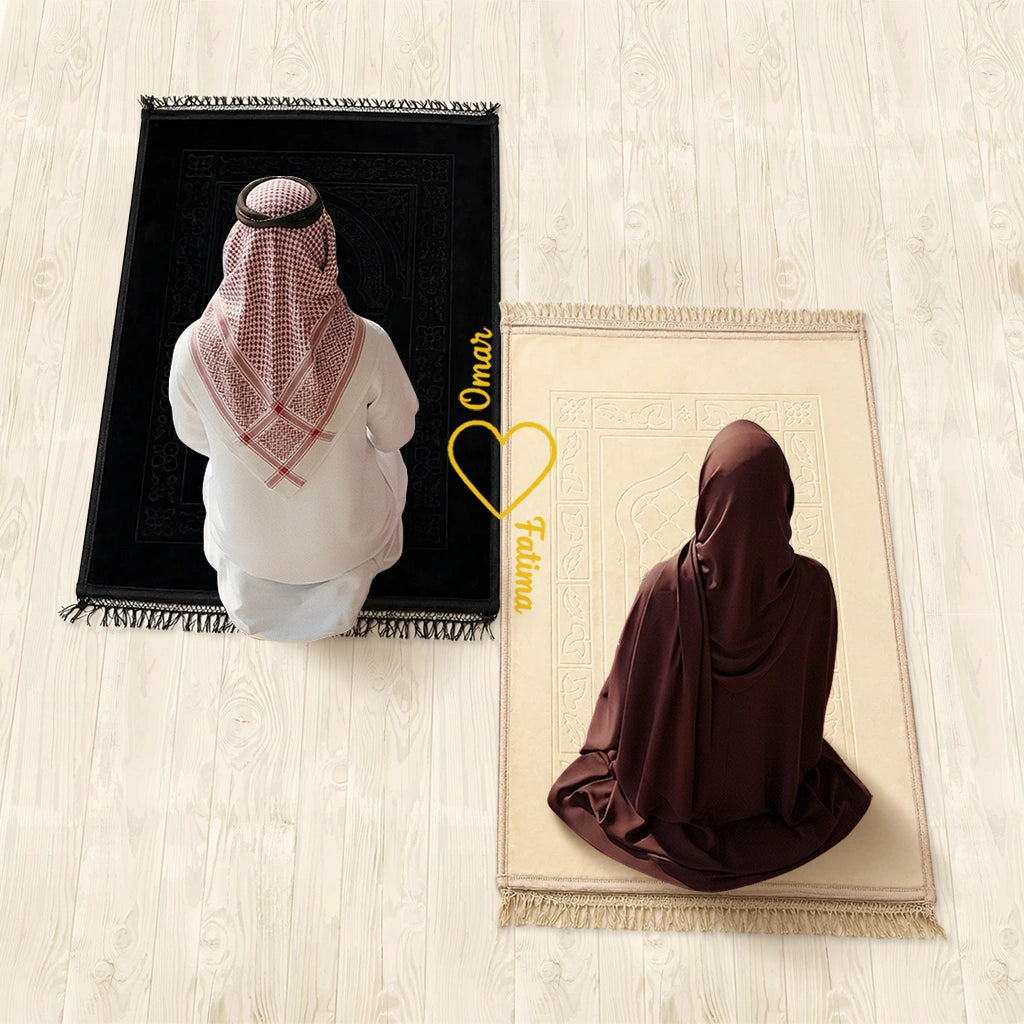 Personalized Black and Champagne Gold Velvet Couple Prayer Mat Set with Gold Calligraphy