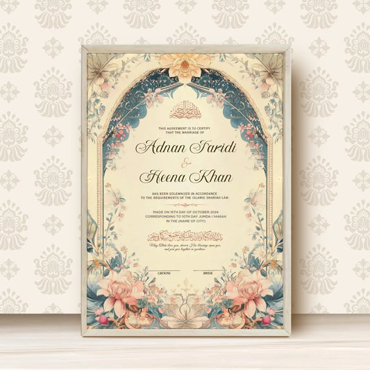 Floral Bliss Personalized Nikah Nama Frame | Custom Soft Floral Islamic Marriage Certificate