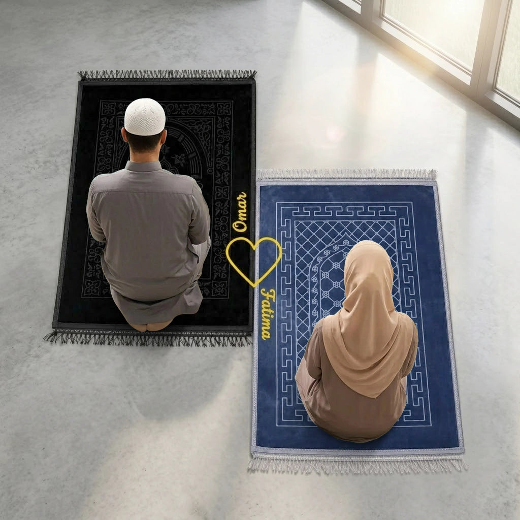 Personalized Black and Grey Velvet Couple Prayer Mat Set with Gold Calligraphy