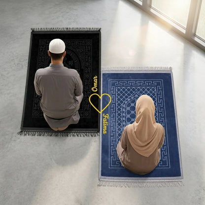 Personalized Black and Grey Velvet Couple Prayer Mat Set with Gold Calligraphy