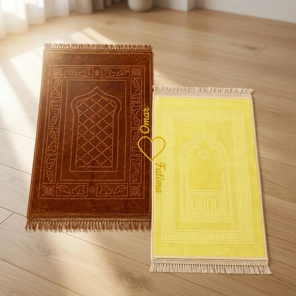 Personalized Golden and Offwhite Velvet Couple Prayer Mat Set with Gold Calligraphy