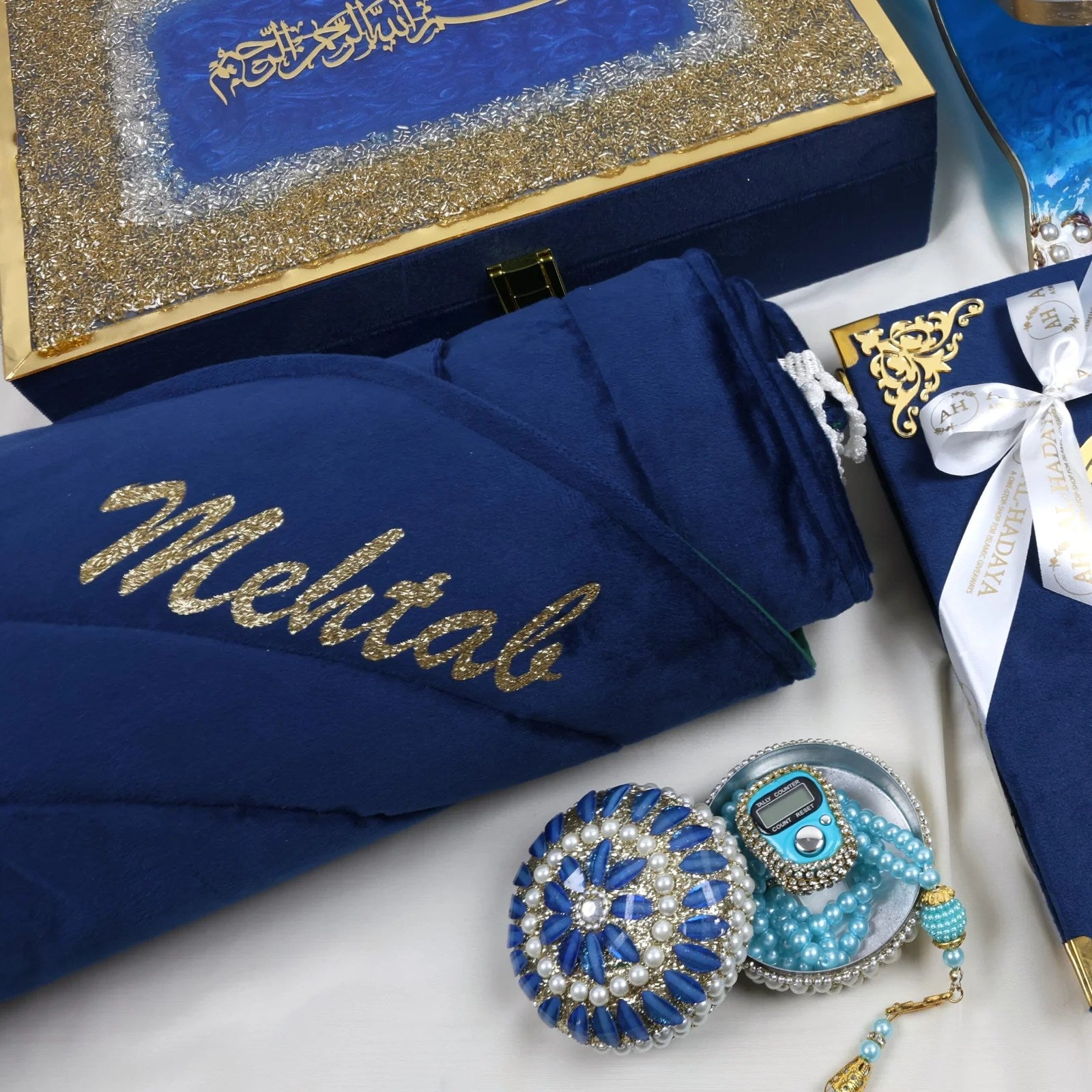 Blue Quran gift set with velvet Quran, resin rehal, Turkish tasbih and luxury prayer essentials