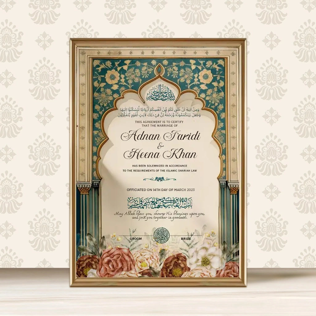 Taj-e-Zareen Personalised Nikah Nama Frame featuring deep teal archway, gold Islamic filigree, botanical floral base art, couple names, and metallic gold frame.