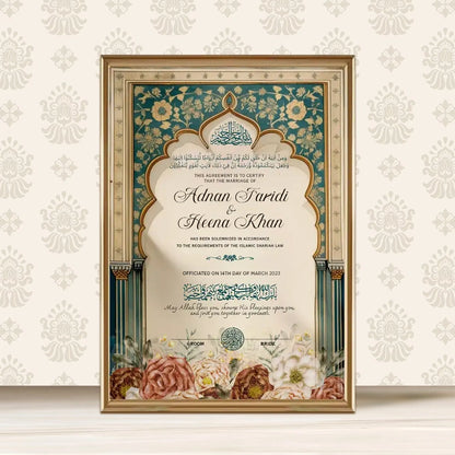 Taj-e-Zareen Personalised Nikah Nama Frame featuring deep teal archway, gold Islamic filigree, botanical floral base art, couple names, and metallic gold frame.