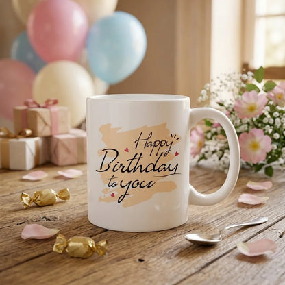 White Ceramic Birthday Mug with Happy Birthday To You Script on Beige Pastel Brushstroke