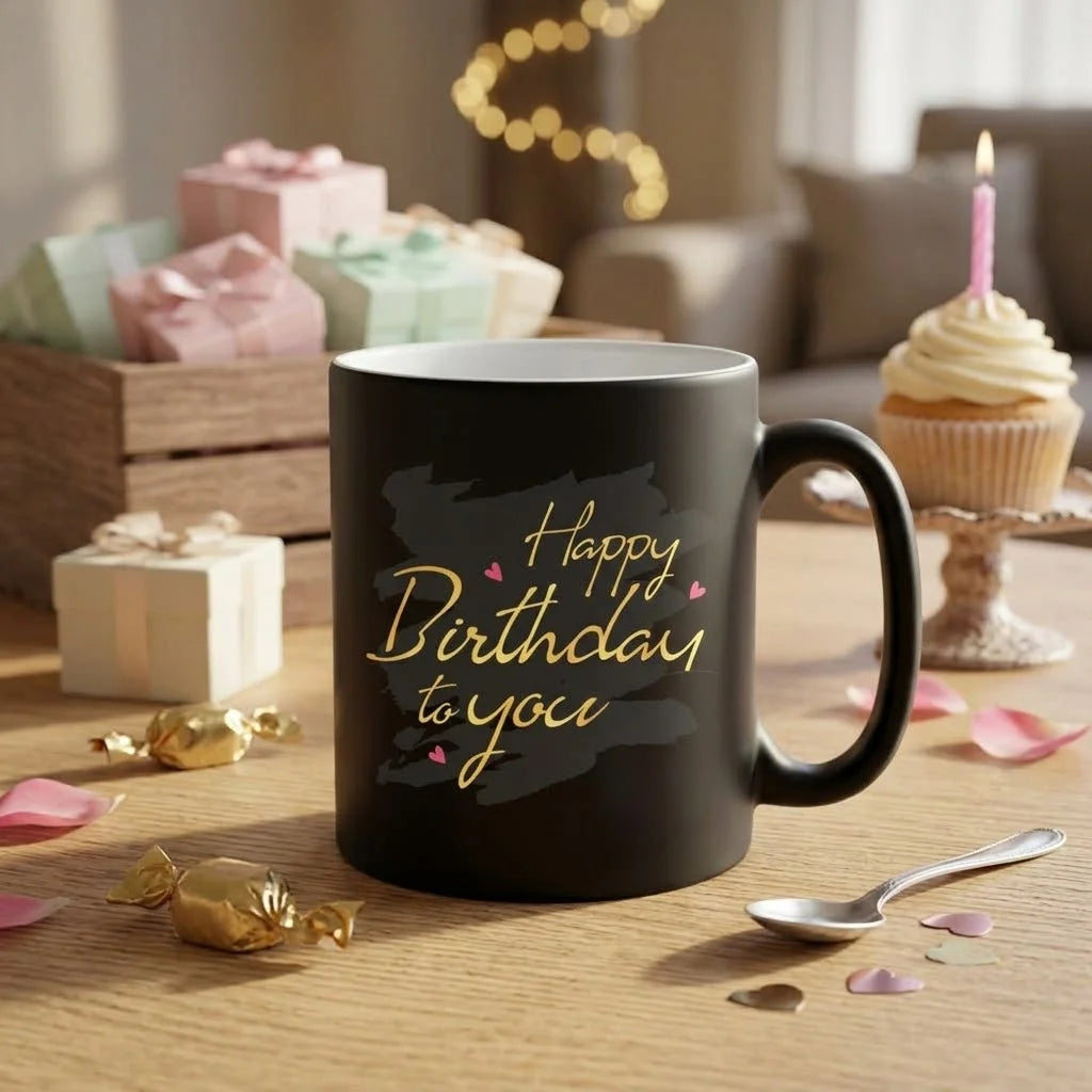 Matte Black Ceramic Birthday Mug with Golden Happy Birthday To You Cursive Script on Charcoal Brushstroke