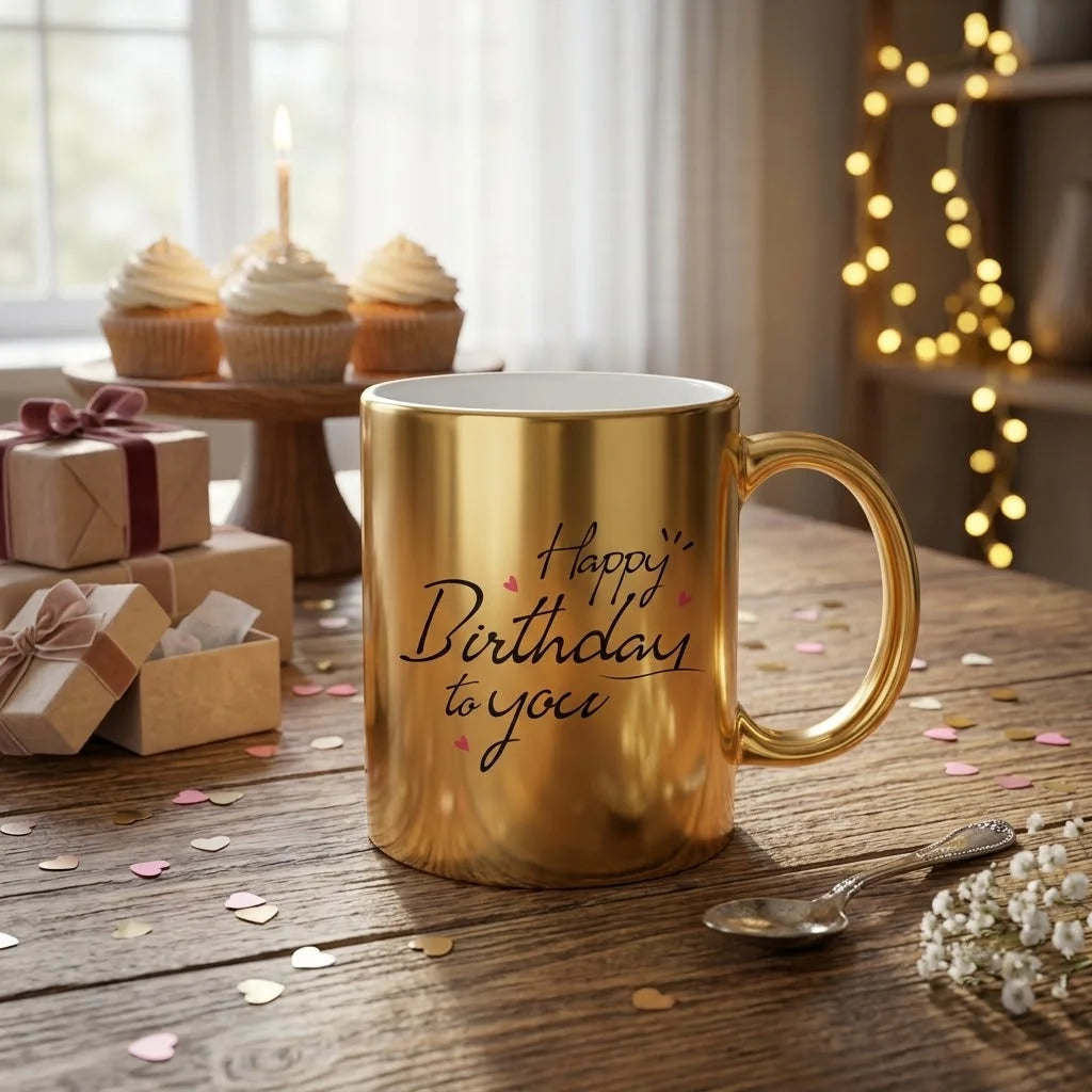 Metallic Gold Ceramic Birthday Mug with Cursive Happy Birthday To You Script and Dainty Pink Hearts 2