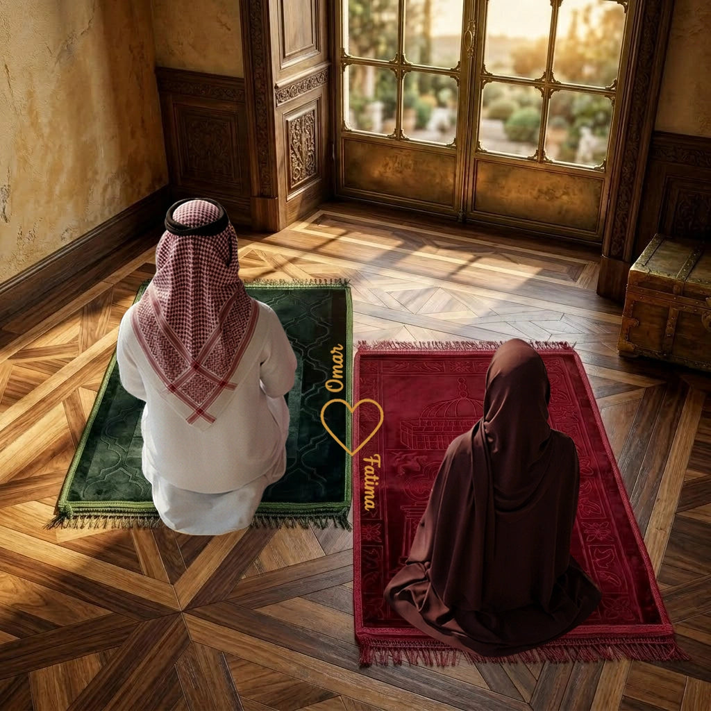 Personalized Green and Maroon Velvet Couple Prayer Mat Set with Gold Calligraphy