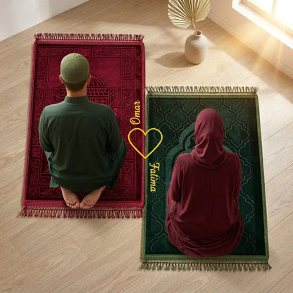 Personalized Maroon and Green Velvet Couple Prayer Mat Set with Gold Calligraphy