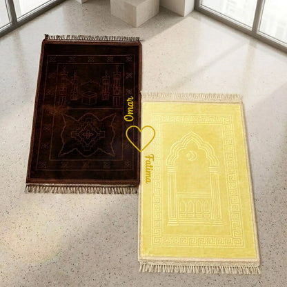 Personalized Brown and Offwhite Velvet Couple Prayer Mat Set with Gold Calligraphy