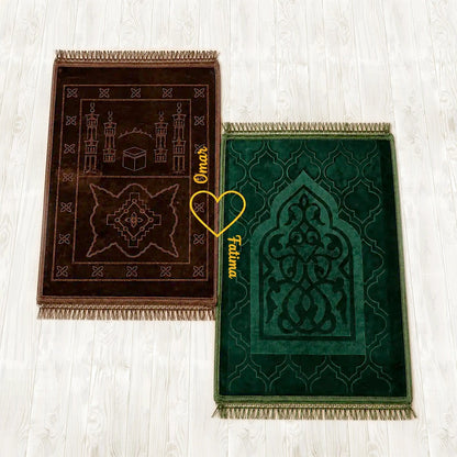 Personalized Brown and Green Velvet Couple Prayer Mat Set with Gold Calligraphy