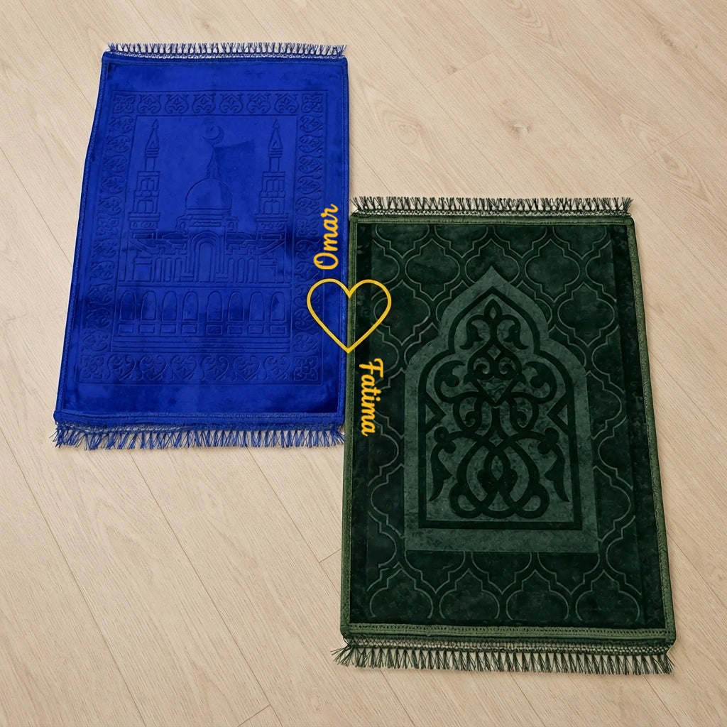 Personalized Blue and Green Velvet Couple Prayer Mat Set with Gold Calligraphy