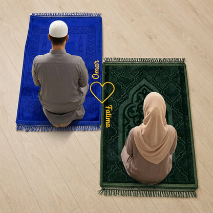 Personalized Blue and Green Velvet Couple Prayer Mat Set with Gold Calligraphy