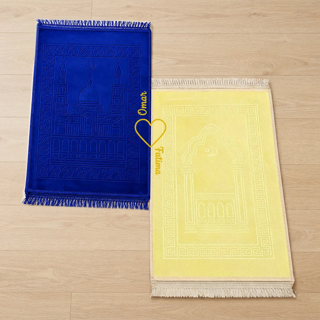 Personalized Blue and Offwhite Velvet Couple Prayer Mat Set with Gold Calligraphy