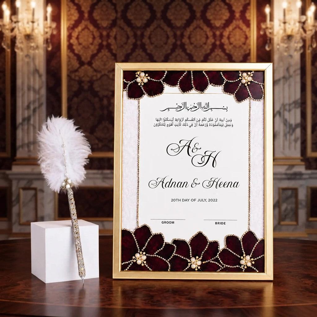 Regal Pearl Personalised Nikah Nama Frame featuring deep maroon velvet flowers, pearl embellishments, gold chain borders, Arabic calligraphy, and metallic gold frame.