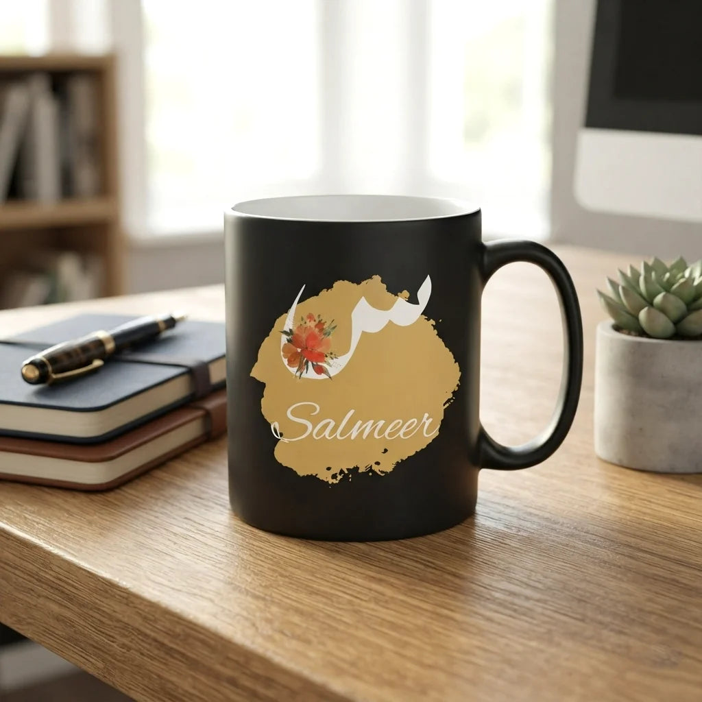 Personalized Matte Black Ceramic Mug with White Floral Arabic Initial Calligraphy and English Name Script on Gold Brushstroke 3