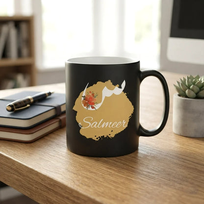 Personalized Matte Black Ceramic Mug with White Floral Arabic Initial Calligraphy and English Name Script on Gold Brushstroke 3