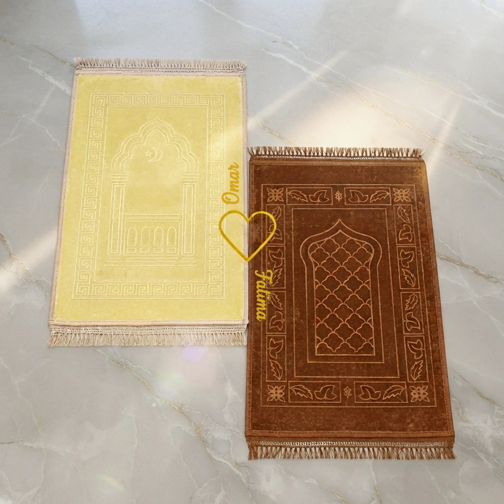 Personalized Offwhite and Golden Velvet Couple Prayer Mat Set with Gold Calligraphy
