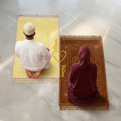 Personalized Offwhite and Golden Velvet Couple Prayer Mat Set with Gold Calligraphy