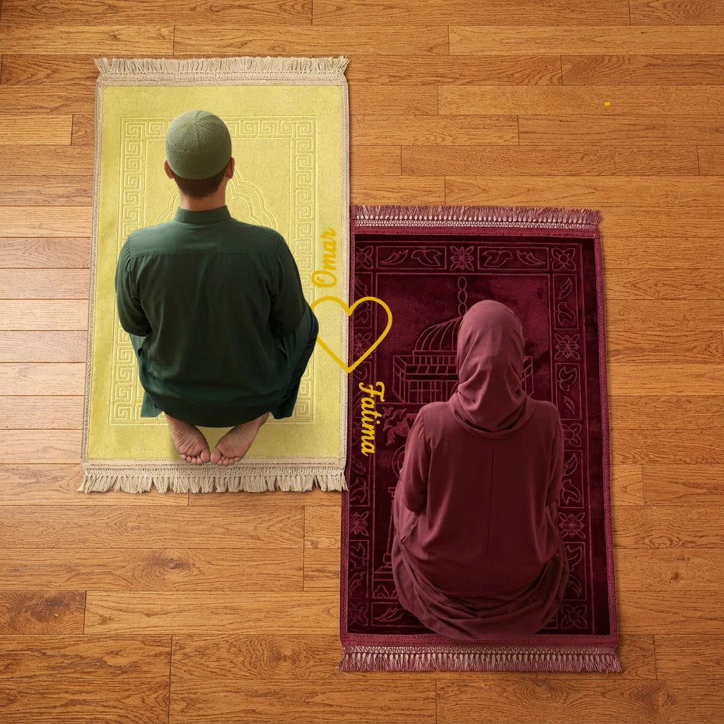 Personalized Offwhite and Maroon Velvet Couple Prayer Mat Set with Gold Calligraphy