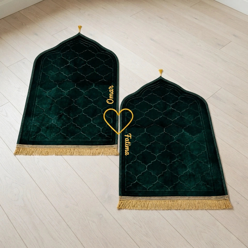 Personalized Green Velvet Dome Couple Prayer Mat Set with Gold Calligraphy