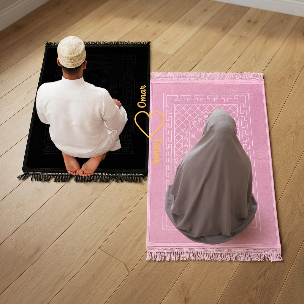 Personalized Black and Pink Velvet Couple Prayer Mat Set with Gold Calligraphy