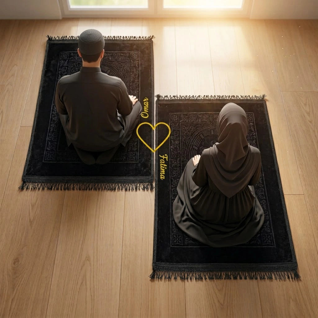 Personalized Black Velvet Couple Prayer Mat Set with Gold Calligraphy