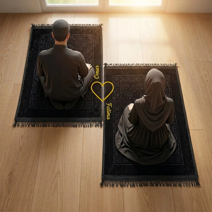 Personalized Black Velvet Couple Prayer Mat Set with Gold Calligraphy