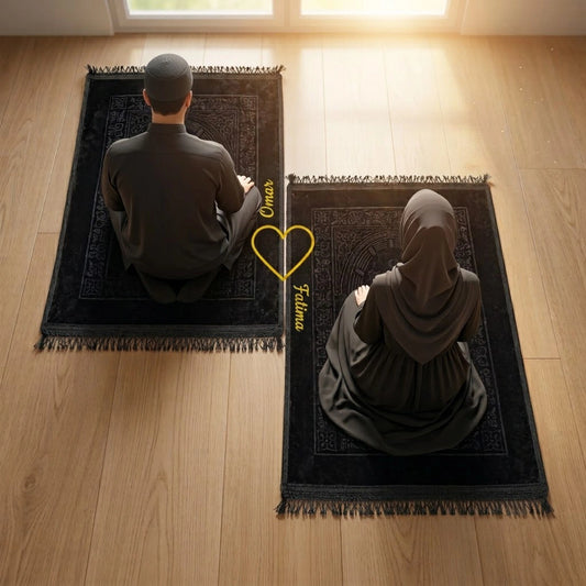 Personalized Black Velvet Couple Prayer Mat Set with Gold Calligraphy