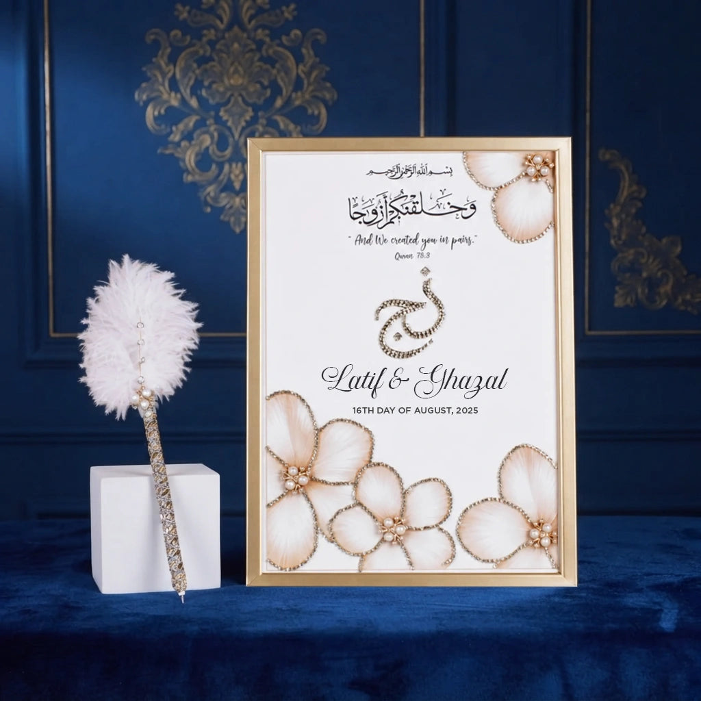 Pearl Feather Personalised Nikah Frame with ivory pearl floral art, Urdu calligraphy monogram, couple names, and metallic gold frame.