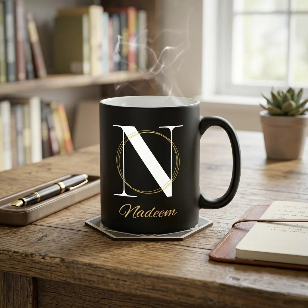 Personalized Matte Black Ceramic Mug with White English Alphabet Initial N, Gold Rings, and Cursive Gold Name Script 2