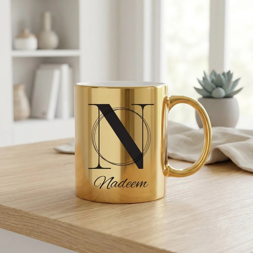 Personalized Metallic Gold Ceramic Coffee Mug with Black English Alphabet Initial N, Fine Rings, and Cursive Name Script