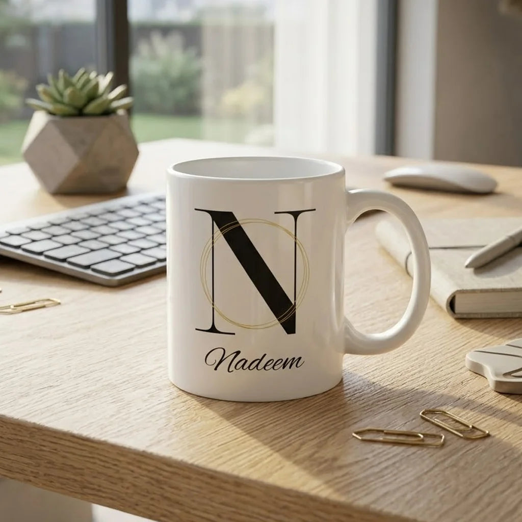 Personalized White Ceramic Coffee Mug with Black English Alphabet Initial N, Gold Rings, and Custom Name Script