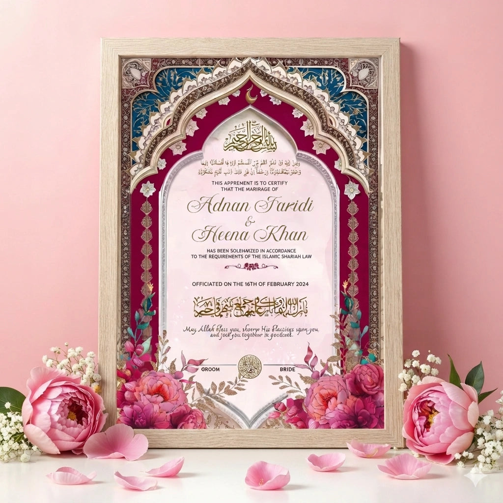 Noor-e-Lail Personalised Nikah Nama Frame featuring deep magenta and teal royal archway, floral base art, Arabic calligraphy, couple names, and natural wood frame.